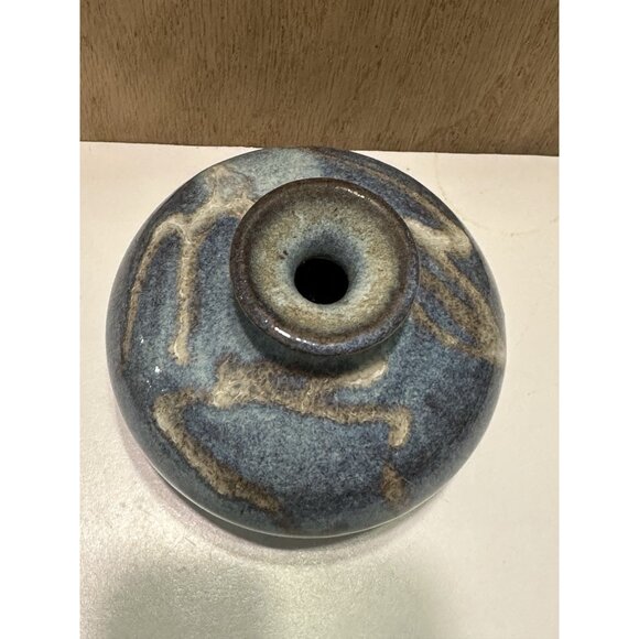 Studio Art Pottery Mini Vase Pot Artist Signed Blue Drip Short Squat Glazed - Picture 2 of 9